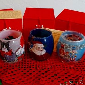 Christmas hand painted glass tea light holders, with box for each.